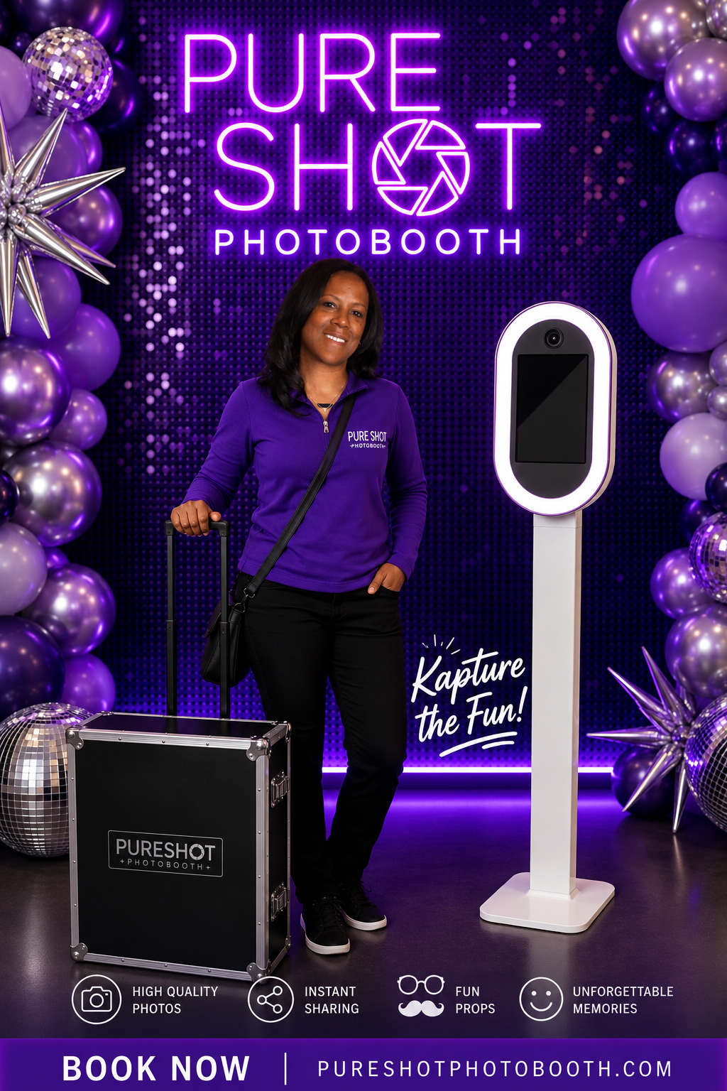 Pure Shot Photobooth — owner with booth and props